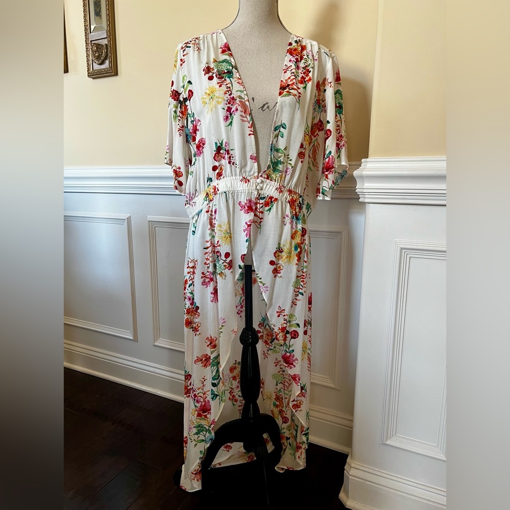 White, Multi Color Floral Long Cardigan Duster with elastic waistband.